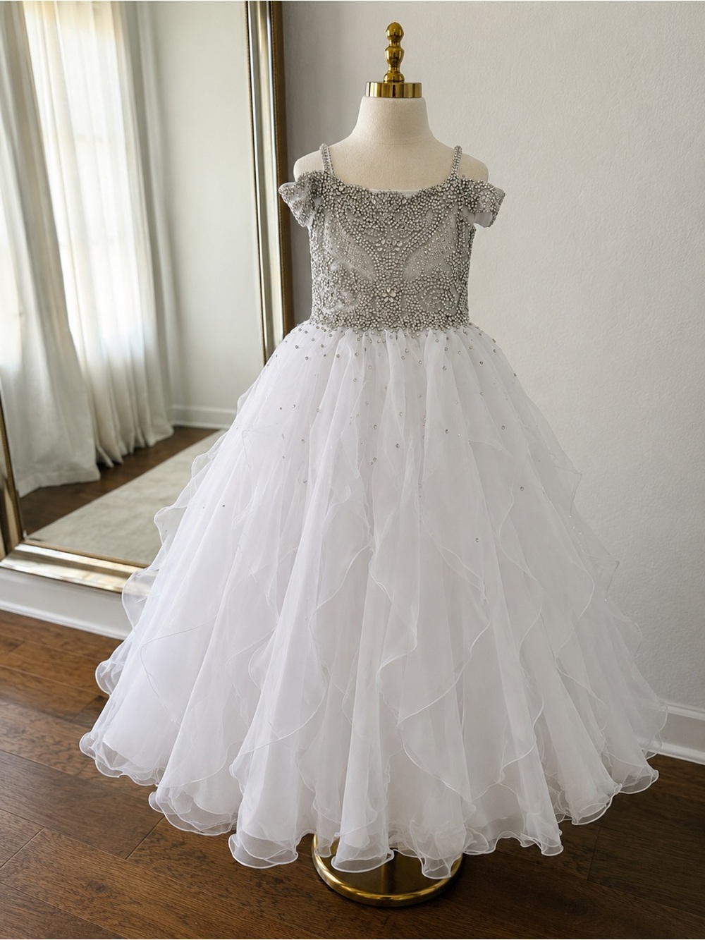 Elegant White and Silver Kids Formal Dress
